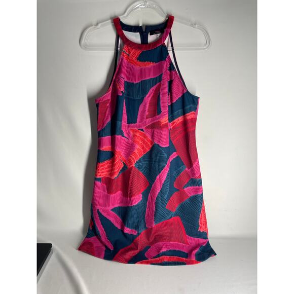 TRINA Trina Turk Pink Navy Palm Leaf Fit Flare Halter Dress US Size 10 - Picture 1 of 6